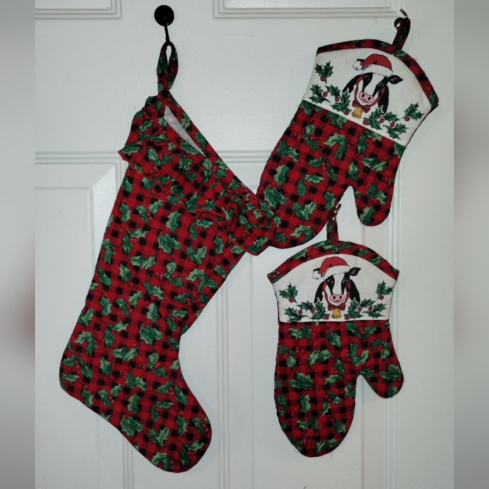 Set 2 Vintage Cow Oven Mitt quilted COW Christmas Kitchen Farm House & Stocking